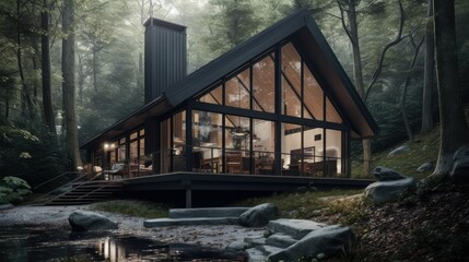 a Modern Minimalistic Cabin House in the Forest Through Generative AI