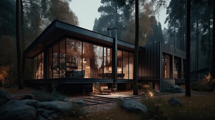 Fototapeta na wymiar The Forest Getaway, A Generative AI Interpretation of a Modern Minimalistic Cabin House