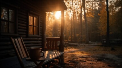 Fototapeta na wymiar A mug on a wooden table on the veranda of a wooden country house at dawn . generative AI