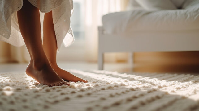beautiful legs of a young woman walking on the carpet in the bedroom early in the morning ,  home comfort concept . generative AI
