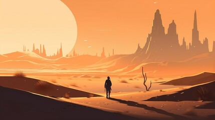 a person standing in the middle of the desert watching the sunset