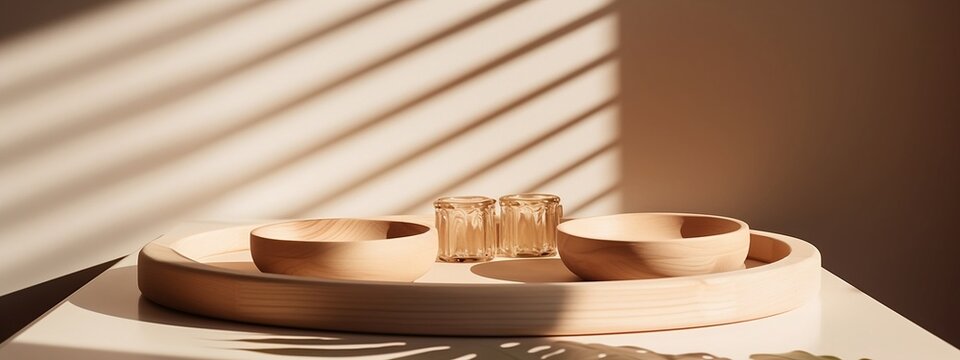 A minimalist photo of modern wooden round tray podium