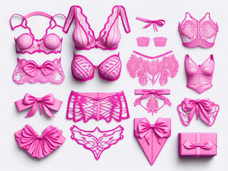 Set of pink lingerie and gift boxes on white background, top view. AI generated.