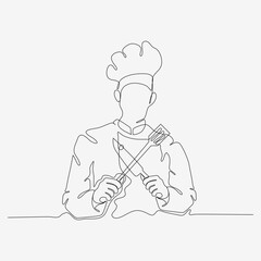 Continuous one line design of chef in hat holding knife and spatula. Confident cooking character. Minimalist style vector illustration on white background.