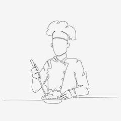 One line continuous design of chef in hat. Cooking art design, serving food. Minimalist style vector illustration on white background.