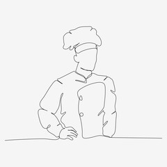 One continuous row design of stylish chef in hat. A confident cooking character. Minimalist style vector illustration on white background.