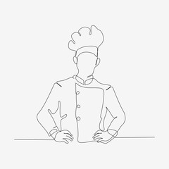 One continuous row design of stylish chef in hat. A confident cooking character. Minimalist style vector illustration on white background.