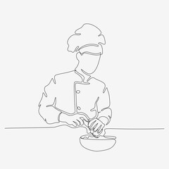 One line continuous design of chef in hat. Cooking art design, serving food. Minimalist style vector illustration on white background.