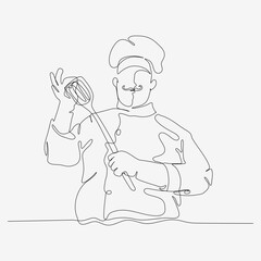 One continuous line of chef in mustache. Cute cooking character. Minimalist style vector illustration on white background.