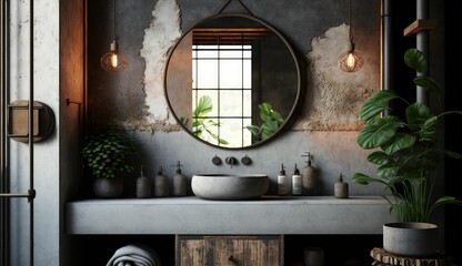 the Beauty of Modern Contemporary Grey Concrete Bathrooms with Round Mirrors Through Generative AI