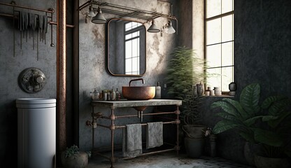 the Beauty of Modern Contemporary Grey Concrete Bathrooms with Round Mirrors Through Generative AI