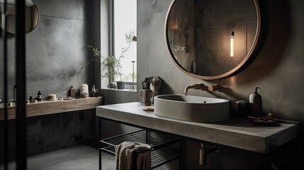 A Generative AI-Powered Tour of Stunning Grey Concrete Bathrooms with Round Mirrors in Contemporary Homes