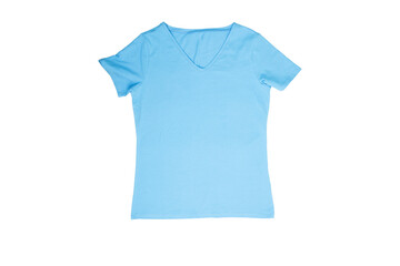 t-shirt design, women's blue blank T-shirt template, front side, clothing mockup for print, isolated, basic summer clothes
