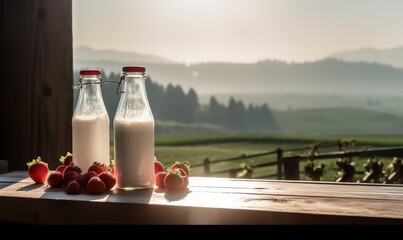 A bottle of fresh milk and glass with strawberries on wood counter with panonamic view of strawberry field, cows and dairy farm in morning sunlight Generative AI