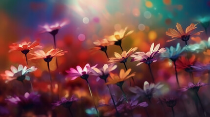 A blurred colorful flowers, fresh summer, strong sunlight abstract background with bokeh glow, Illustration. AI generative
