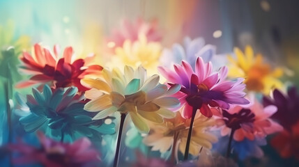 Fototapeta premium A blurred colorful flowers, fresh summer, strong sunlight abstract background with bokeh glow, Illustration. AI generative