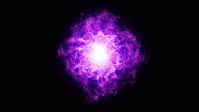 Purple energy orb background animation. 3d abstract energy sphere ball with purple power rays on dark background. Nuclear energy, Big Bang, Supernova. Science, technology, innovations, Universe. 4k. 