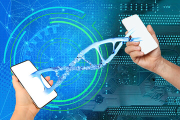 dna helix binds two smartphones, mobile phones with white blank screen in female person,...