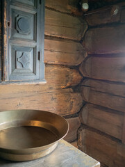 Fototapeta premium Reconstruction of a peasant house, interior, on Kizhi Island, Karelia, northern Russia
