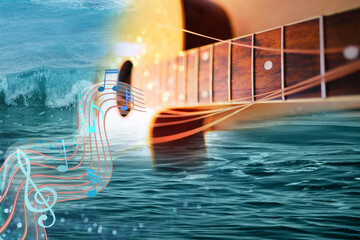 musical notes, chords, acoustic guitar with strings hanging freely in sea, beautiful texture,...