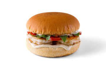 classic burger like in mcdonalds with shrimp on white background for menu and website design of food delivery restaurant