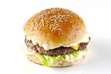 classic burger like in mcdonalds with beef cutlet on white background for menu and website design of food delivery restaurant