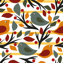 The birds in the garden. Bright seamless vector pattern for design and decoration.