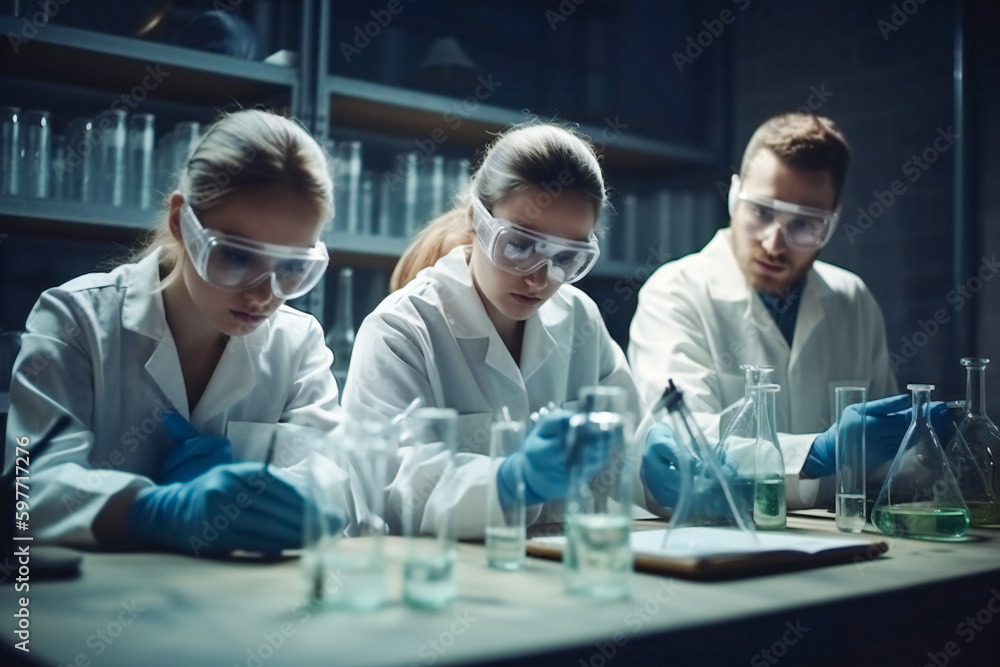 Aufkleber young scientists or students in a lab. created with generative ai technology.