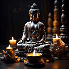 Meditation Buddha statue, meditating with beautiful candle lights in the dark, lotus flower, developing mindfulness, spiritual, worshipful. Generative AI