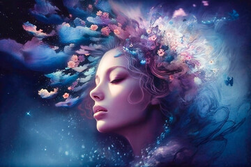 Creative fantasy portrait of a girl surrounded by flowers and clouds. Concept of dream, meditation, transcendent conscience and creative mind. Created with Generative AI technology.