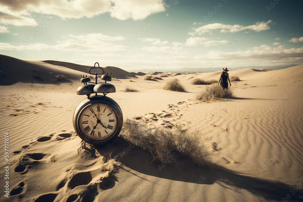 Poster old clocks on desert dunes at sunset. surreal time metaphor composition. time related concept. creat