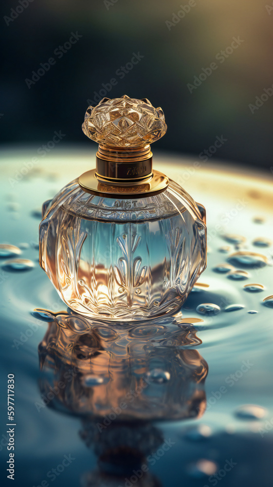 Poster generic perfume bottle reflected in water. luxury concept. created with generative ai technology.