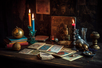 Fototapeta na wymiar Astrologist old desk with divination and hermetic ritual objects. Occult, esoteric, metaphysics concept. Created with Generative AI technology.
