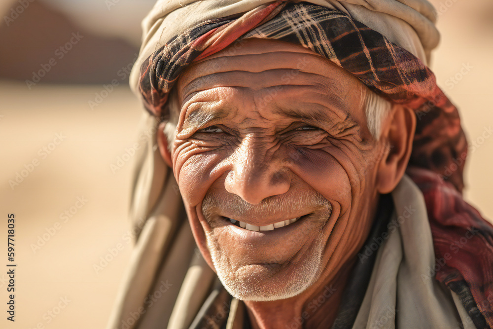 Poster a portrait of a smiling old muslim. created with generative ai technology.