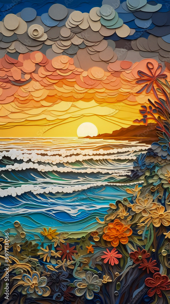 Poster paper quilling art representing a landscape with water, sky and trees. created with generative ai te