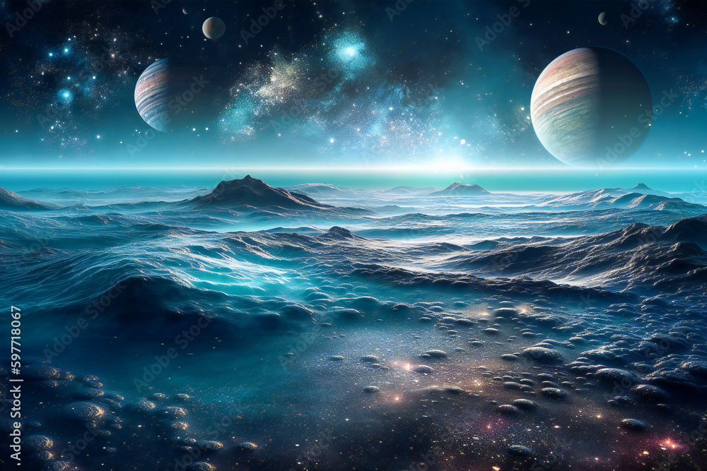 Poster strange, surreal alien landscape with dark fluid matter, lights and planets. created with generative