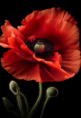 Red poppy symbol of victory on a dark background. AI Generated