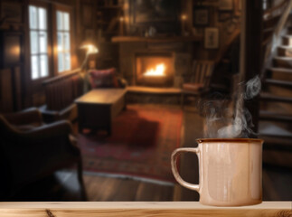 Cup of hot steaming coffee,tea or chocolate milk on a wooden shelf with cozy log cabin on the background, with fireplace and snow view from the window. focus on mug. Blurred background. Christmas, 