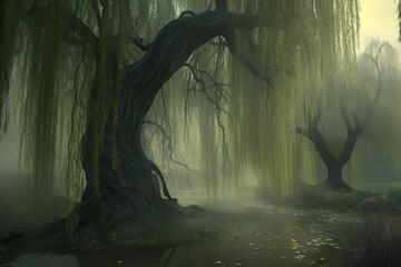 misty forest in the swamp, weeping willow tree, Generative AI - obrazy, fototapety, plakaty