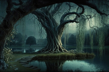 weeping willow tree illustration in a magical fantasy landscape, Generative AI - obrazy, fototapety, plakaty