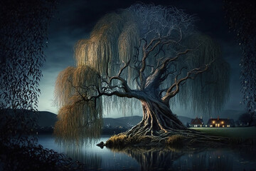 peaceful illustration of a weeping willow tree in a magical fantasy landscape, Generative AI - obrazy, fototapety, plakaty
