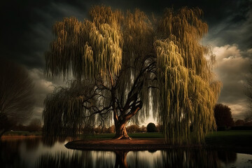 Weeping willow tree on a small island in a lake, Generative AI - obrazy, fototapety, plakaty