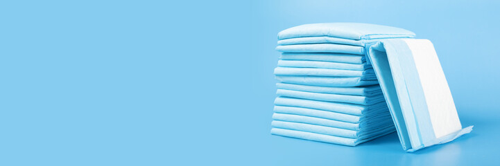 toilet for small dogs, urine diaper napkins, disposable adult medical diaper on blue background,banner © yta