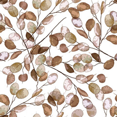 Seamless dry lunaria floral vector pattern. Watercolor winter wedding flower illustration background. Boho design printable template, minimal botanical rustic textile decoration