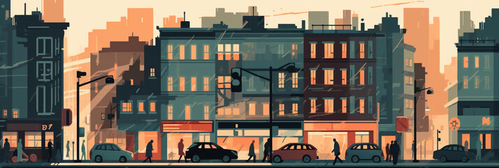 Flat 2d illustration city where people walking, some go to their work, cars on the road, high resolution. AI generative - obrazy, fototapety, plakaty