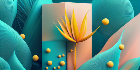 Abstract shapes background with flower, 3D illustration 
