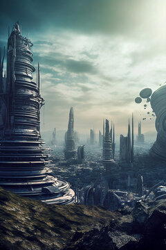 Alien City. Generative AI.
A digital painting of an alien city on an alien landscape.