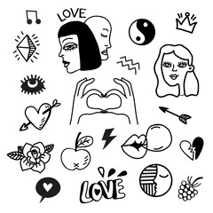 set of vector love symbols hand poke tattoo. - 597720278