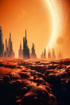 Alien City. Generative AI.
A digital painting of an alien city on an alien landscape.