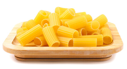 Raw pasta, white background